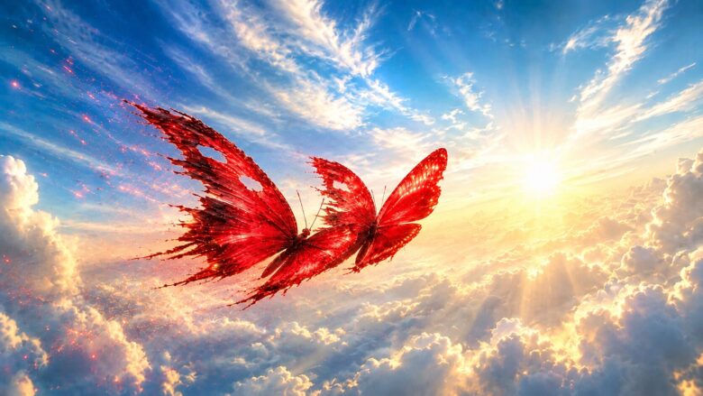 朝陽まで羽ばたいていく２匹の紅い蝶のイメージ画像。