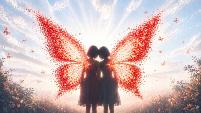 『零～紅い蝶～』において、二つに分かれてしまった澪と繭が、もう一度だけ一つへ戻れた記憶を胸に抱いて、隣を歩いていくイメージ画像。
