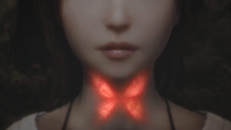紅い蝶エンディング後に、澪の首に残った繭の残骸である紅い痣のイメージ画像。